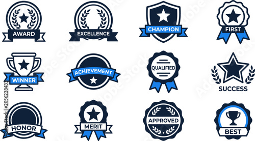 Obraz na plátně collection of blue and white achievement and award icons with stars and ribbons