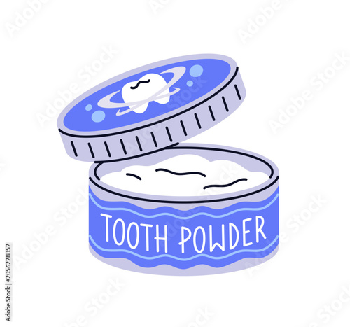 Tooth powder in open tin can. Dental oral hygiene product. Teeth cleaning and...