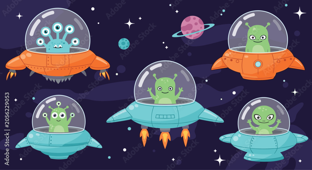 Obraz premium Funny aliens pilot various colorful flying saucers and spaceships through a starry galaxy filled with planets and distant twinkling stars.