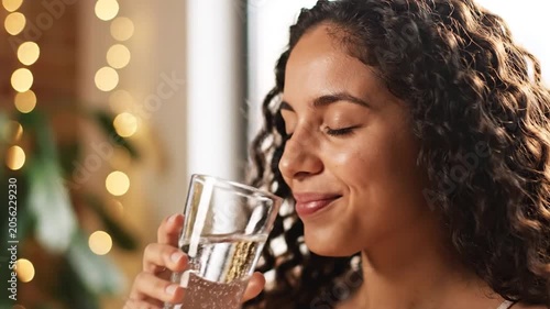 Young woman with curly hair drinking fresh water from a glass with eyes closed against warm bokeh lights