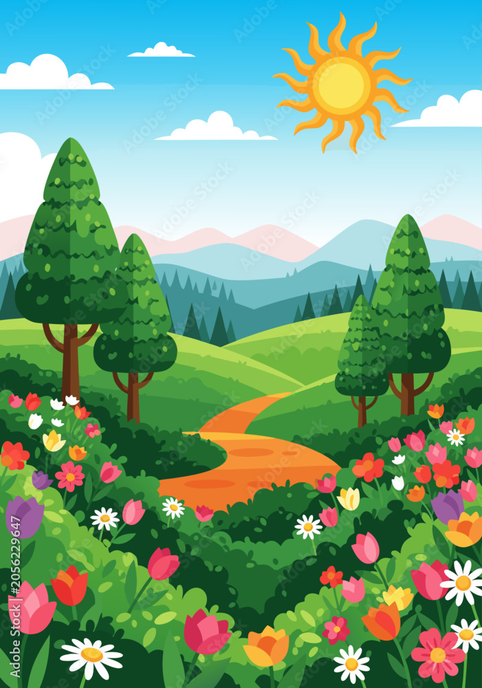 Obraz premium Spring landscape nature vector illustration featuring a winding path through colorful flower fields with distant mountain hills