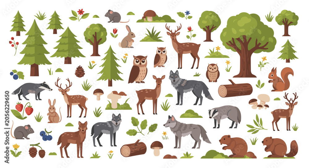 Obraz premium Diverse collection of woodland animals and nature elements including deer, wolves, owls, and mushrooms are shown in a flat style.