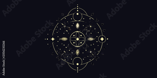 Φωτογραφία Celestial geometry with eyes and stars golden line art on black background