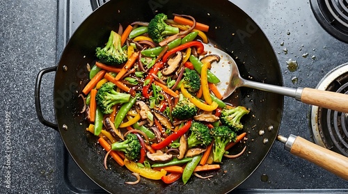 Colorful Vegetable Stir Fry Cooking in a Black Wok