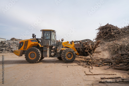 Workers drive engineering vehicles to transport branches in a sawdust processing plant, Luannan County, Hebei Province, China