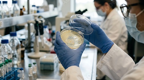Scientist Examining Bacterial Culture in Petri Dish in Modern Lab