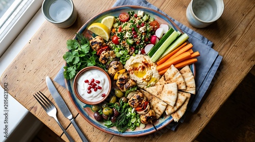 Healthy Mediterranean Platter with Grilled Chicken Skewers and Hummus