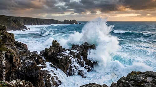 Powerful Storm Waves Crashing Against Rocky Coastline at Sunset