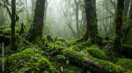Mystical Foggy Forest with Lush Green Moss and Ancient Trees