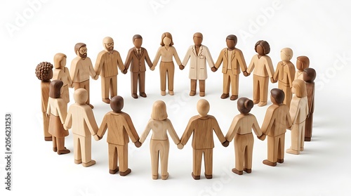 Diverse Wooden Figures Holding Hands in a Circle for Global Unity