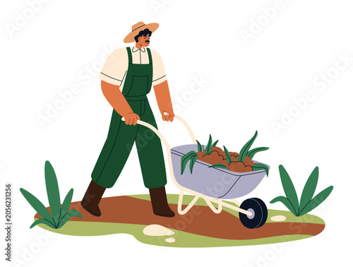 Farmer man pushing wheelbarrow with ground. Farm worker transporting, carryin...