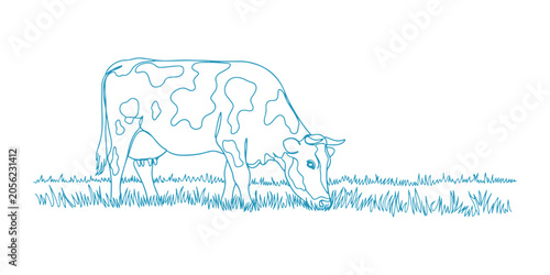 A simple line drawing of a cow with big spots, calmly grazing in a vast green field against a white background.
