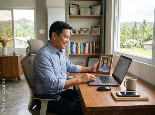 Asian man video calling on laptop at home office desk with framed photo.