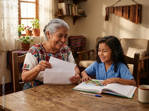 Smiling grandmother and young girl studying together at wooden table in cozy home.
