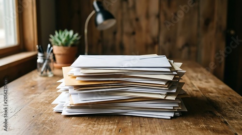 Large Stack of Envelopes on a Wooden Desk in a Home Office