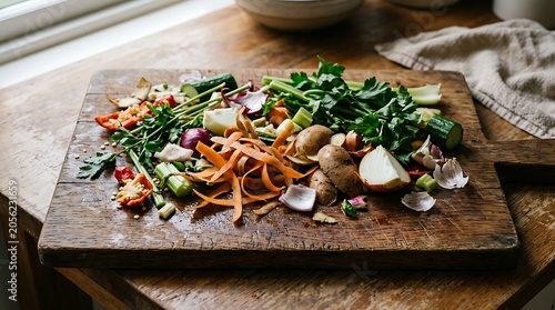 Vegetable scraps on a wooden cutting board for composting