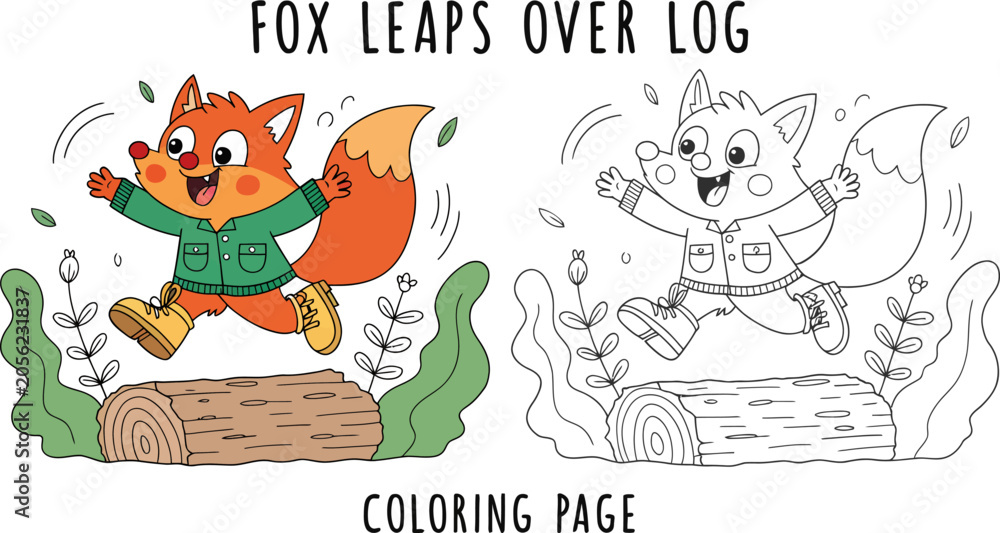 Fototapeta premium Cute cartoon fox jumping over a wooden log coloring page Vector, illustration