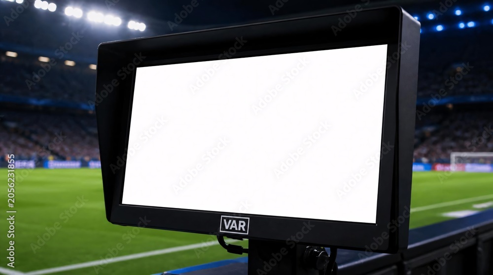 Naklejka premium Close up of VAR monitor on the sidelines of football stadium.