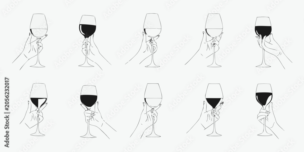 Ταπετσαρία Wine Glass And Hand Continuous Line Drawings On White Background