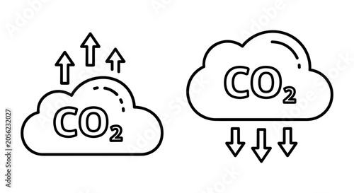 Quadro su tela Carbon dioxide emission and reduction icons showing co2 clouds with arrow indica