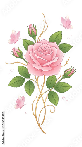Romantic Pink Rose Bouquet with Butterflies and Glowing Twigs
