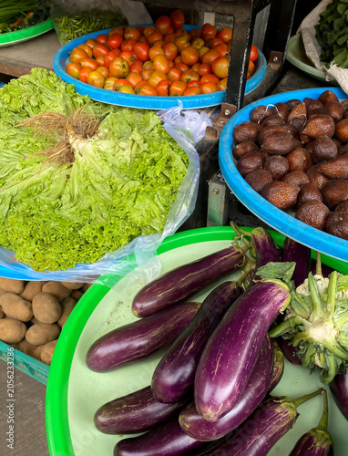 Fresh Vegetables at Traditional Market – Eggplant, Lettuce, Tomatoes and Salak