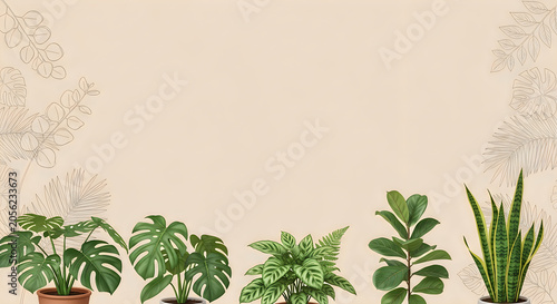 Botanical illustration with potted plants and line art tropical leaves