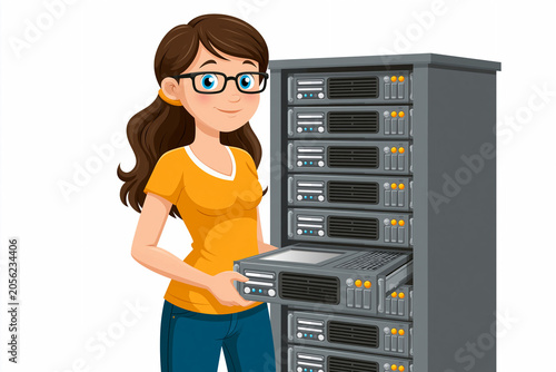 Woman working with computer servers in data center