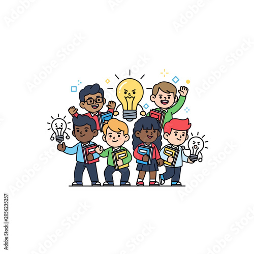 A group of diverse students holding books and light bulbs representing bright ideas