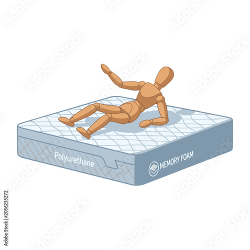 A wooden mannequin rests on a comfortable mattress in an isometric view