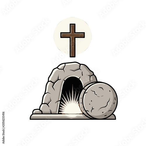 A wooden cross stands above a stone cave with a glowing entrance