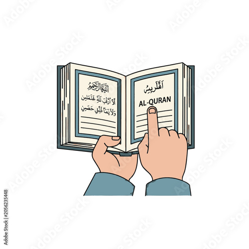A person holds an open book with written text while pointing at the page