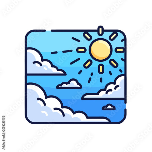 A vibrant illustration of a bright sun shining in a clear blue sky with fluffy clouds