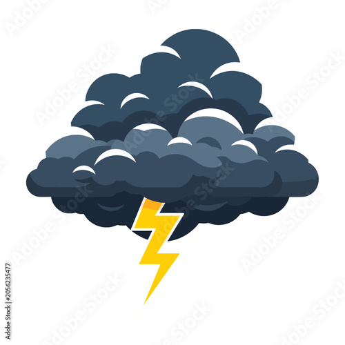 A dark storm cloud with a bright yellow lightning bolt striking downwards