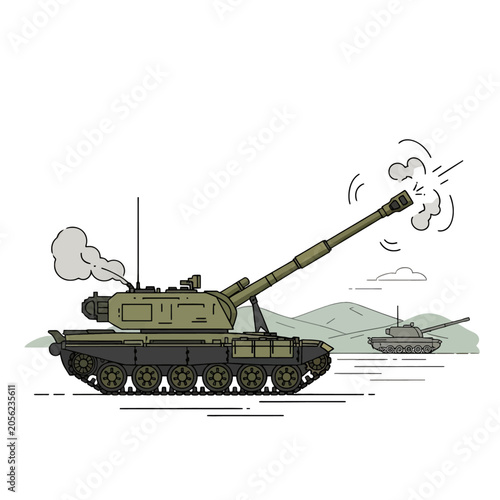 A military armored vehicle fires its main cannon on a flat landscape
