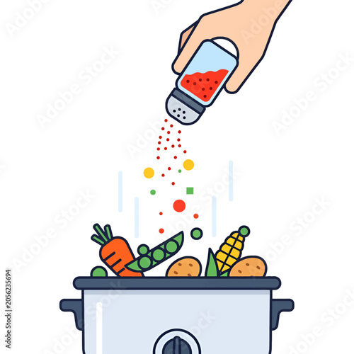 A hand sprinkles seasoning into a pot filled with fresh garden vegetables