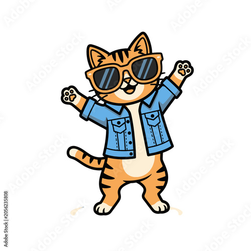 A cute cartoon cat wearing a blue denim jacket and orange sunglasses