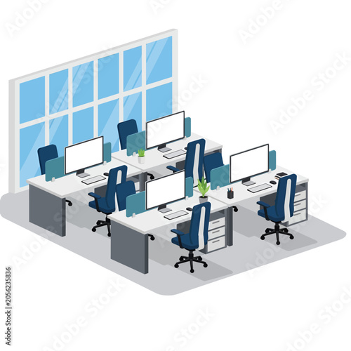 An isometric view of a modern professional office workspace interior