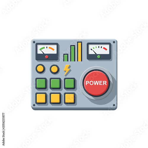 A digital control panel with gauges and a large red button