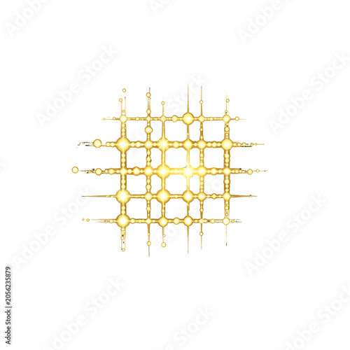 A glowing golden grid pattern with bright light nodes on a white background