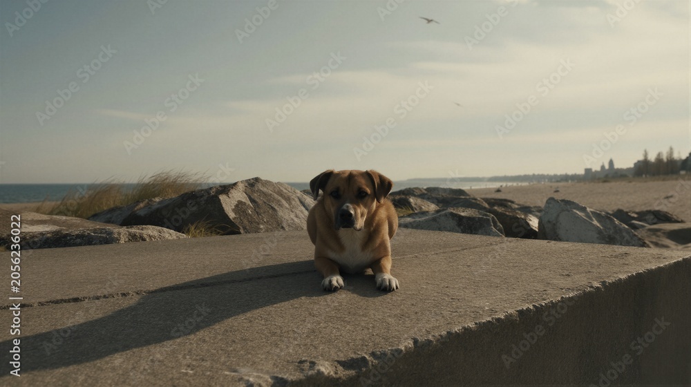 Obraz premium A medium-sized dog with a brown coat and white chest lies on a concrete structure at Westerplatte Monument Rock in Gdańsk, Poland.
