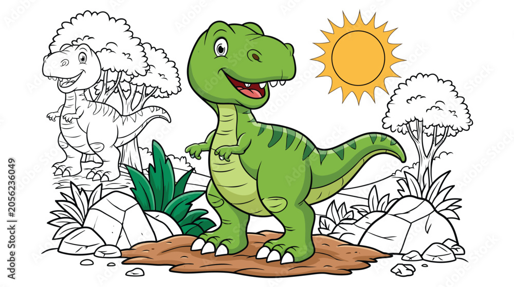 Obraz premium Dinosaur vector character green rex standing outdoors landscape