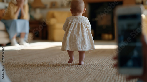 Parent's phone held low capturing a baby's chubby legs taking three unsteady steps across living room carpet, grandparent watching with hands over mouth, first steps milestone,