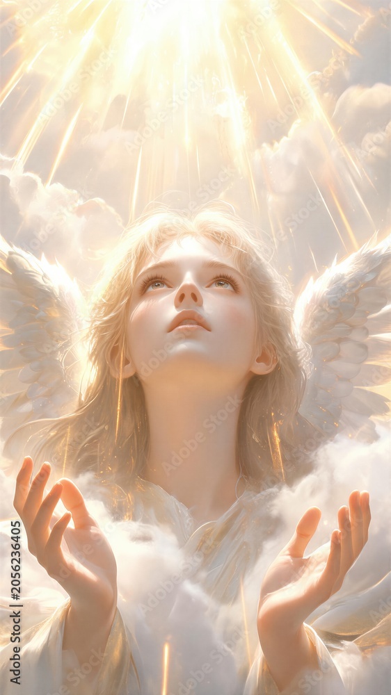 Naklejka premium Angel woman with wings looking up to heaven light. Divine religious scene depicting Ascension Day. Spiritual concept of faith, hope, and soul rising to sky through golden sun beams.