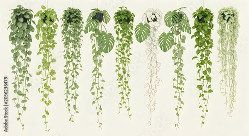 Hanging potted plants collection philodendron monstera and heartleaf varieties