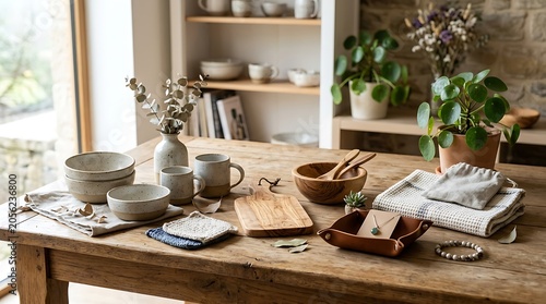 Rustic Wooden Table with Handmade Ceramics and Home Decor
