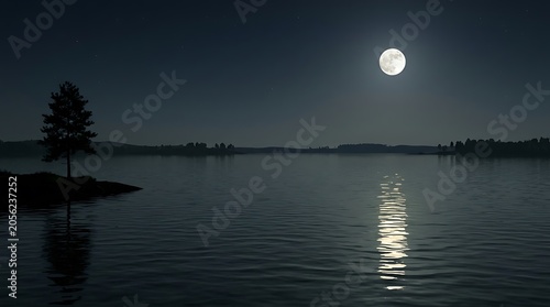 Full moon reflecting on calm lake water at night