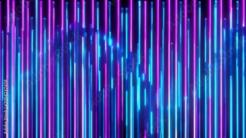 Vibrant cyber matrix background with neon purple and blue vertical lines raining down dynamically. Digital stream and high technology network concept