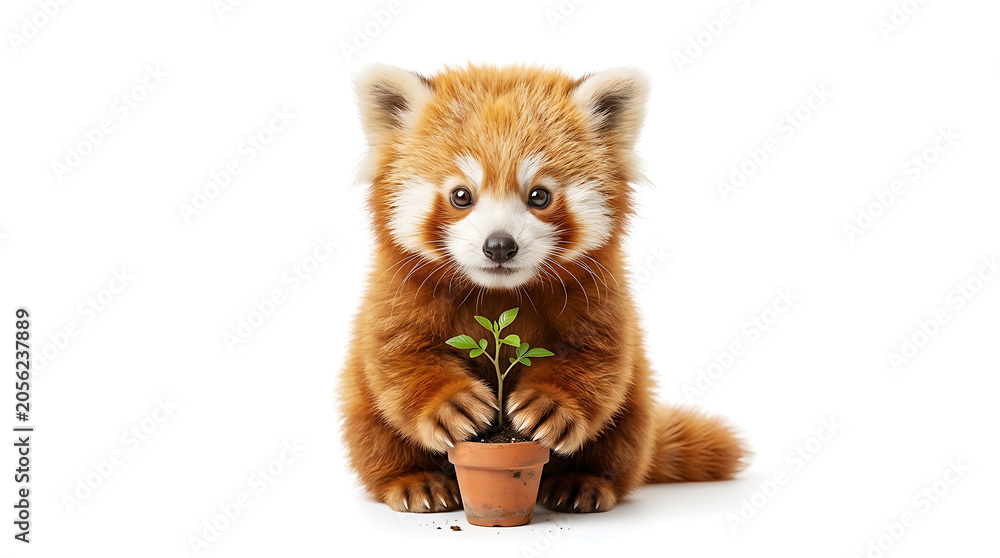 Fototapeta premium Adorable red panda holding a small plant in a pot