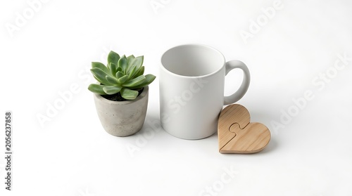 White Coffee Mug with Succulent and Wooden Heart Puzzle Mockup